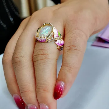 Moterų Derliaus Aukso Emaliu Opal Akmens Liejimo Žiedas Prabangus Gėlių Kokteilis, Vestuvių Žiedai Moterims bižuterijos 2020 m.