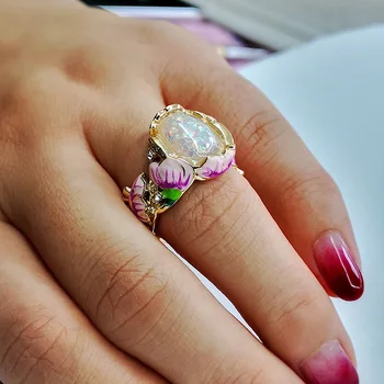 Moterų Derliaus Aukso Emaliu Opal Akmens Liejimo Žiedas Prabangus Gėlių Kokteilis, Vestuvių Žiedai Moterims bižuterijos 2020 m.