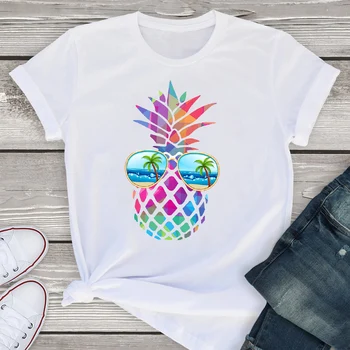 Moterų Grafinis Trumpomis Rankovėmis Pledas Ananasų Paplūdimys Mados Vasaros Lady Moteriški Drabužiai Viršūnės T-Shirt Marškinėliai Tees Moterų Marškinėliai