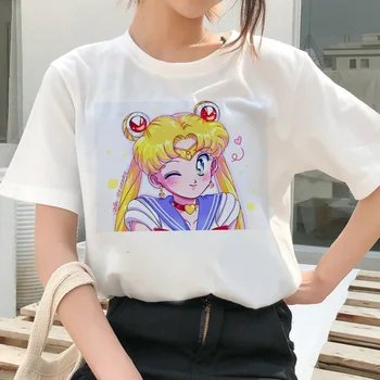 Moterų Harajuku Vasaros trumpomis Rankovėmis Drabužius Sailor Moon Juokinga Moteriška Mada marškinėliai 90-ųjų Merginų Mielas Ulzzang Animaciją Kačių Marškinėlius