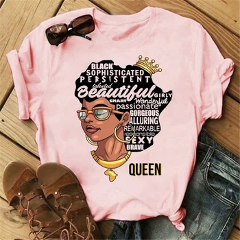 Moterų Mados Atsitiktinis Medvilnės trumpomis Rankovėmis Viršūnes Tee Vasarą Moterys T-shirt aš Stipri Melanino Karalienė Raidžių Spausdinti Rausvos spalvos Marškinėliai