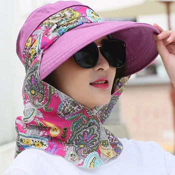 Moterų Vasaros Lauko Jojimo Anti-UV Saulės Skrybėlę Paplūdimys, Sulankstomas Saulės Gėlių Spausdinti Kepurės Kaklo, Veido Plačios Skrybėlės Kraštų Naujas