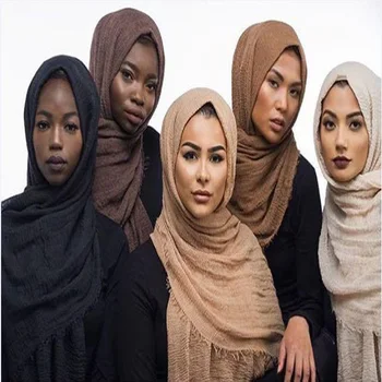 Musulmonų Galvos Hijab Geros Kokybės Šalikas vientisos spalvos ponios medvilnės Vingiuoti Paprasto Raukšlių Wrap Burbulas Ilgas Šalikas Moterims Klostytas Skara