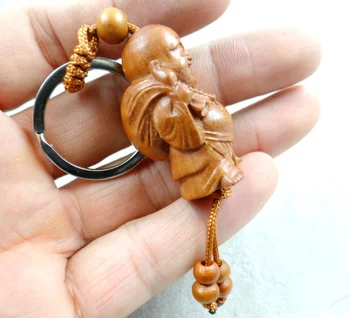 Natūralus raudonmedis trimatis graviravimas Buda medienos keychain realus raktų žiedas papuošalai, dovana, vyrams ir moterims 1pc