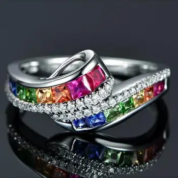 Nauja Madinga Ponios Balto Aukso Užpildytas Spalvotų Vaivorykštė AAA Cirkonis Elegantiškas Žiedas, Vestuvių, Sužadėtuvių Žiedai, Juvelyrika