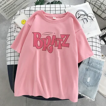 Nauja rožinė vasaros Bratz Laišką marškinėliai moterims atsitiktinis baltos viršūnės mados marškinėliai trumpomis rankovėmis Atspausdintas grafinis tee moterims drabužių