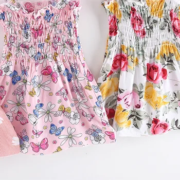 Nauja Vasaros Vaikai Mergina Suknelės Rankovių Vestidos-Line Gėlių Spausdinti Medvilnės Vaikų Drabužių Dirželis Baby Girl Princesė Dress 1-5Y
