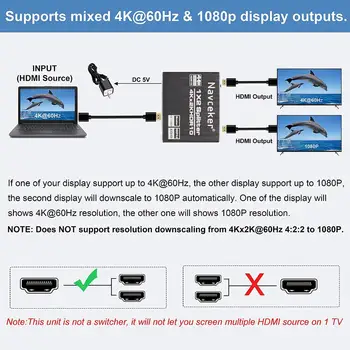 Naujas 4K 60Hz HDR 2.0 HDMI Splitter 1x2 Splitter HDMI 2.0 4K Parama HDCP 2.2 UHD HDMI Splitter 2.0 Jungiklio Langelį PS4 Projektorius