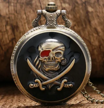 Naujas Atvykimo Retro Bronza Kaukolė Piratų Kvarco Kišeninio Laikrodžio Su Karoliai Grandinės Geriausia Dovana Vyrams Moterims