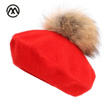 Naujas dailininko beretė lauko menininkas kepurės rudenį ir žiemą naujas šiltas megztiniai, kepurės vientisos spalvos mados meškėnas kailių pom-pom derliaus beretė