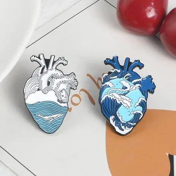 Naujas mados kūrybos jūros tema animacinių filmų gyvūnų vandenyno banginių širdies banga emalio pin kūrybos žalia atvartas drabužius sagė