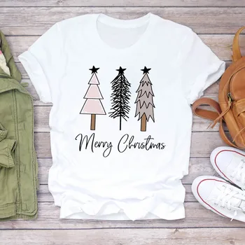 Naujas Moterų Marškinėliai Paprasta Star Medžio Šventė naujuosius Metus, Linksmų Kalėdų Spausdinti Tshirts Rūbų, Grafinis O-kaklo Atsitiktinis Ponios Drabužiai