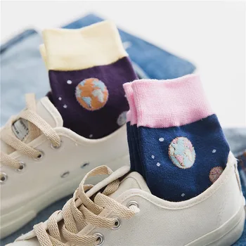 Naujas Žakardo Planetos Dizaino Juokingas Kojines Korėjos Stiliaus Moteris Sox Harajuku Meno Siūlai Mielas Calcetines Divertidos Skarpety Įgulos Sokken