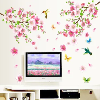 Naujo rausvos spalvos, persikų, gėlių, paukščių, drugelių romantiška namo kambarį, dekoratyviniai sienų lipdukai Nuimamas PVC sienų lipdukai