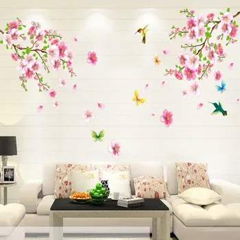 Naujo rausvos spalvos, persikų, gėlių, paukščių, drugelių romantiška namo kambarį, dekoratyviniai sienų lipdukai Nuimamas PVC sienų lipdukai