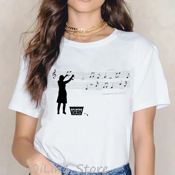 Naujovė Muzikos Pastaba Juoda Katė gyvūnų Spausdinti marškinėlius moterims harajuku kawaii drabužius vasarą viršų moteriška t-shirt tumblr grafinis tees