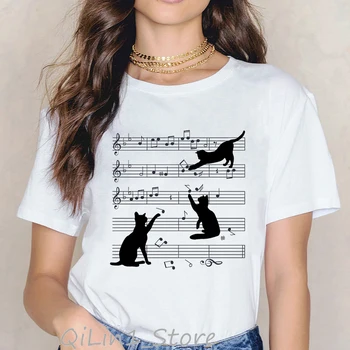 Naujovė Muzikos Pastaba Juoda Katė gyvūnų Spausdinti marškinėlius moterims harajuku kawaii drabužius vasarą viršų moteriška t-shirt tumblr grafinis tees