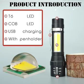 Nešiojamų LED Žibintuvėlis T6 COB Žibintas Įkraunamas Žibintuvėlis įmontuota Baterija Zoom Žibintuvėlis 3 Režimu, atsparus Vandeniui Žibintuvėlis, Avarinis
