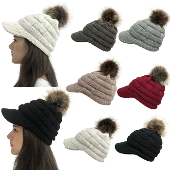 Nėrimo Beisbolo kepuraitę Slidinėjimo kepurę Moterims, Žiemą Šiltas Megzti Skrybėlę Pom Pom Kailio Sniego Slidinėjimo Kepurės Su Snapeliu