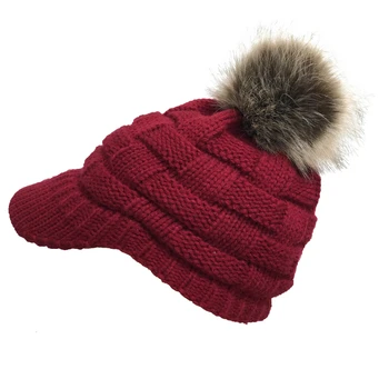 Nėrimo Beisbolo kepuraitę Slidinėjimo kepurę Moterims, Žiemą Šiltas Megzti Skrybėlę Pom Pom Kailio Sniego Slidinėjimo Kepurės Su Snapeliu