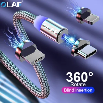 OLAF 2M 1M Magnetinio Pintas Kabelis LED USB C C Tipo Micro USB Kabelis Magnetinio Įkrovimo Kabeliai, iPhone Samsung 