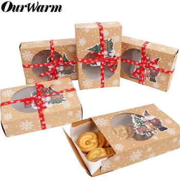 OurWarm 6pcs Maisto Klasės Kraft Kalėdų Slapukas Dėžės su Oilpaper ir Juostelės Šalies Naudai Gydyti Dėžės su Aiškiai Langą