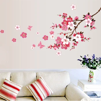 Pink Cherry Blossom Gėlių Sienų Lipdukai Lipdukai Romantiškas Gėlių Freskos Vinilo Tapetai Namo Kambarį Miegamojo Puošimas