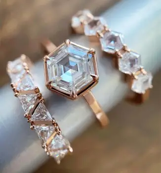 Prabanga Moterų White Crystal Akmens Žiedas, Žavesio Aukso Spalvos Vestuvinis Žiedas Nustatyti Derliaus Cirkonis Geometrijos Vestuviniai Žiedai Moterims