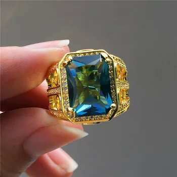 Prabanga Vyras Moteris Big Blue Cirkonis Akmuo Žiedas 18KT Geltonos Aukso Šalis Piršto Žiedą Derliaus Žada Sužadėtuvių Žiedai Moterims