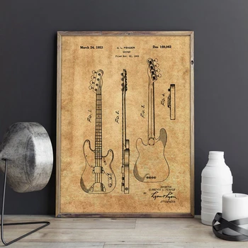 Precision Bass Patentų Fender Gitara Planas Senovinių Plakatų ir grafikos Muzikantas Dovana idėja, Drobė, Tapyba Namo Sienos Meno Dekoro