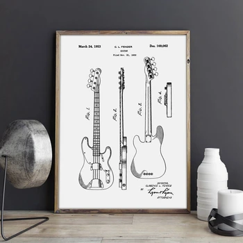 Precision Bass Patentų Fender Gitara Planas Senovinių Plakatų ir grafikos Muzikantas Dovana idėja, Drobė, Tapyba Namo Sienos Meno Dekoro
