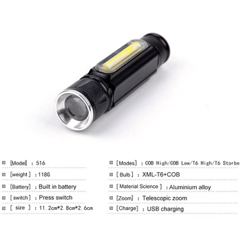 Priimti Dropshiping Built-in Baterijos LED Žibintuvėlis USB Įkraunamas Žibintuvėlis T6 Pusėje COB Šviesos Linterna Uodega Magnetas Darbo Žibintas z60