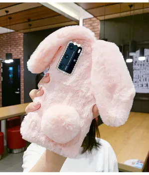 Pūkuotas mielas Triušio Kailio Silikono Pliušinis Telefoną atveju Huawei Y7a P Smart Z S 2019 2021 30 Pro P20 P40 lite 9X garbę 20 10X 8C 9A