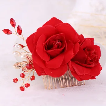 Raudona Rožė Gėlių Plaukų Šukos Vestuvių Nuotakos Galvos Papuošalai Moterims Prom Vinjetė Žavesio Plaukų Aksesuarai Gėlių Nuotakos Plaukų Šukos