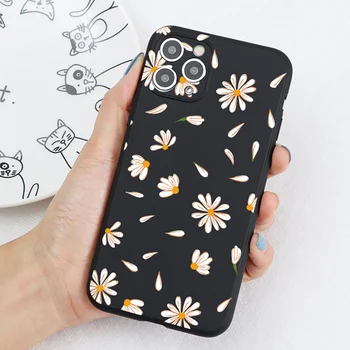 Retro gėlės chrizantemų lapai telefono dėklas skirtas iPhone 11 12pro max x xr xsmax 6 7 8 plius 5 SE 2020 Juoda matinė silikono padengti