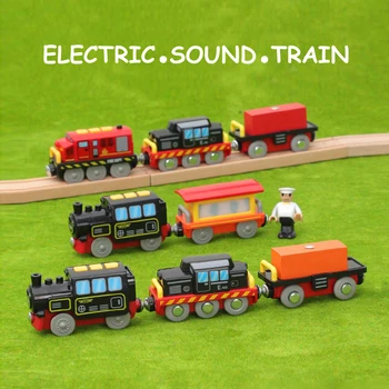 Retro Traukinio Žaislų Garso, Šviesos Elektrinių Traukinių sąstatų Vaikų Švietimo Žaislas Traukinio Medinių Geležinkelių, Automobilių Suderinama su Medinių Bėgių