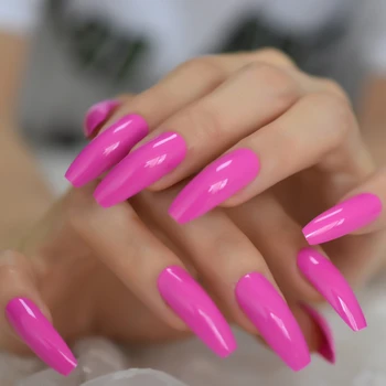 Rose Pink Extra Long Karsto Formos False Nails UV Paviršiaus Blizgesį Neon vientisos Spalvos Akrilo, Dirbtinių Nagų Patarimai 24