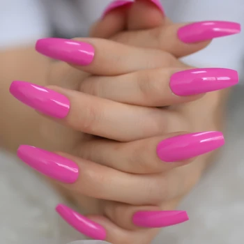 Rose Pink Extra Long Karsto Formos False Nails UV Paviršiaus Blizgesį Neon vientisos Spalvos Akrilo, Dirbtinių Nagų Patarimai 24