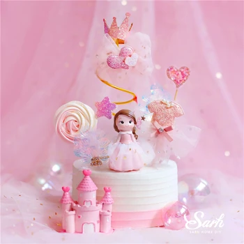 Royal Crown Rožinė Pilis Princesė Mergina Kūdikio Laimingas Gimtadienio Tortas Topper Vaikas Šalies Prekių Tortas Deorating Rožinė Meilės Dovanos