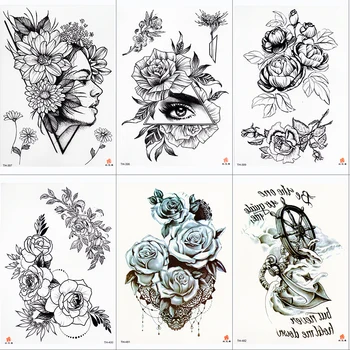 Rožė, Bijūnas, Gėlių Mergaičių Laikinos Tatuiruotės Moterys Vandeniui Juoda Tatuiruotė Lipdukai 3D Žiedų Lady Peties 