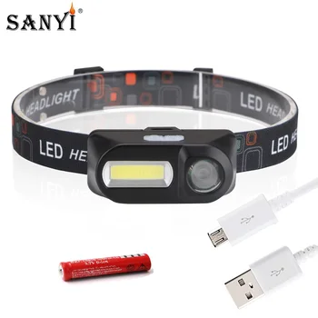 Sanyi COB XPE LED Mini priekinis žibintas 7-Mode USB jungtį priekinis Žibintas Camping Žibintuvėlis Medžioklės Priekinės Galvos Žibintuvėlis, kurį 18650 Baterija