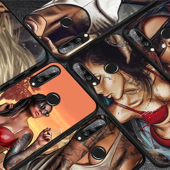 Seksualus Rankovių Tatuiruotės Mergina Anti-Rudenį Telefoną Atveju Huawei 30 P20 P40 Lite E Pro P Smart Z Plius 2019 P9 P10 Lite Galinį Dangtelį