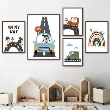 Sienos Meno Tapybos Drobės Darželio Baby Automobilių Kelio Animacinių Filmų Pasaulyje Šiaurės Šalių Plakatai Ir Spausdina Sienos Nuotraukos, Vaikų Kambario, Miegamojo Namuose
