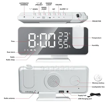 Skaitmeninį Signalą, LED Laikrodžių, Elektroninių Stalo Laikrodis USB Pabusti FM Radijas Laiko Projektorius Atidėjimo Funkcija, Ekranas Temperatūra Drėgnumas