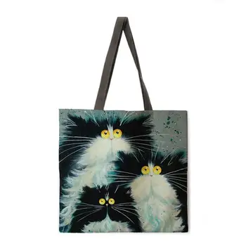 Spalvinga katė nešti maišą pečių maišą lininis audinys atsitiktinis tote krepšys sulankstomas pirkinių krepšys daugkartinio naudojimo paplūdimio krepšys