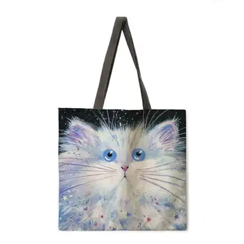 Spalvinga katė nešti maišą pečių maišą lininis audinys atsitiktinis tote krepšys sulankstomas pirkinių krepšys daugkartinio naudojimo paplūdimio krepšys