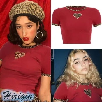 Sumemr T-shirts 2019 Naujas Vasaros Moterų Raudona Trumpas Rankovės O-Kaklo Leopardas Spausdinti Širdies Liesas Trumpi marškinėliai