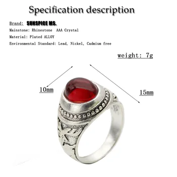 SUNSPICE Retro Vintage Bohemija, Raudona Natūralaus Akmens Žiedai Round Crystal Paramos Elnias Senovės Vyrai, Antikvariniai Žiedai Moterų Etninės Papuošalai