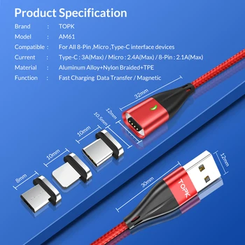 TOPK 1M QC3.0 USB C Magnetinio Kabelį, Tipas C, Greito Įkrovimo Kabelis iPhoneX Max 8 7 6 Plius Samsung Xiaomi