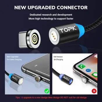 TOPK 3A Magnetinio USB Laidas, Greito Įkrovimo Micro USB C Tipo Kabelis Magnetas Įkroviklis Duomenų Įkrauti Mobiliojo Telefono Kabelis 